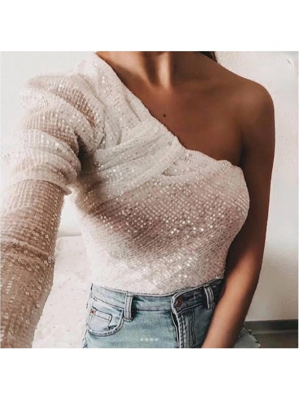 Zara White One Shoulder Sequin Top Blouse Asymmetrical Mesh Sleeve Large